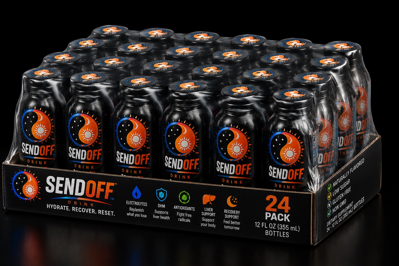 SendOff Drink bottles in a 24-pack display