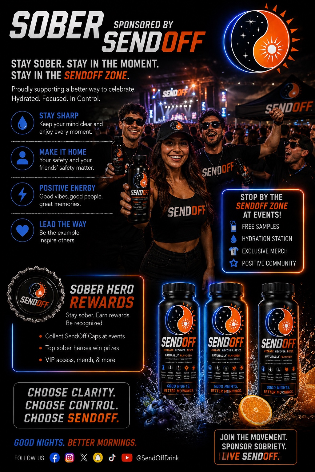 SendOff community event concept featuring smiling guests and a hydration station