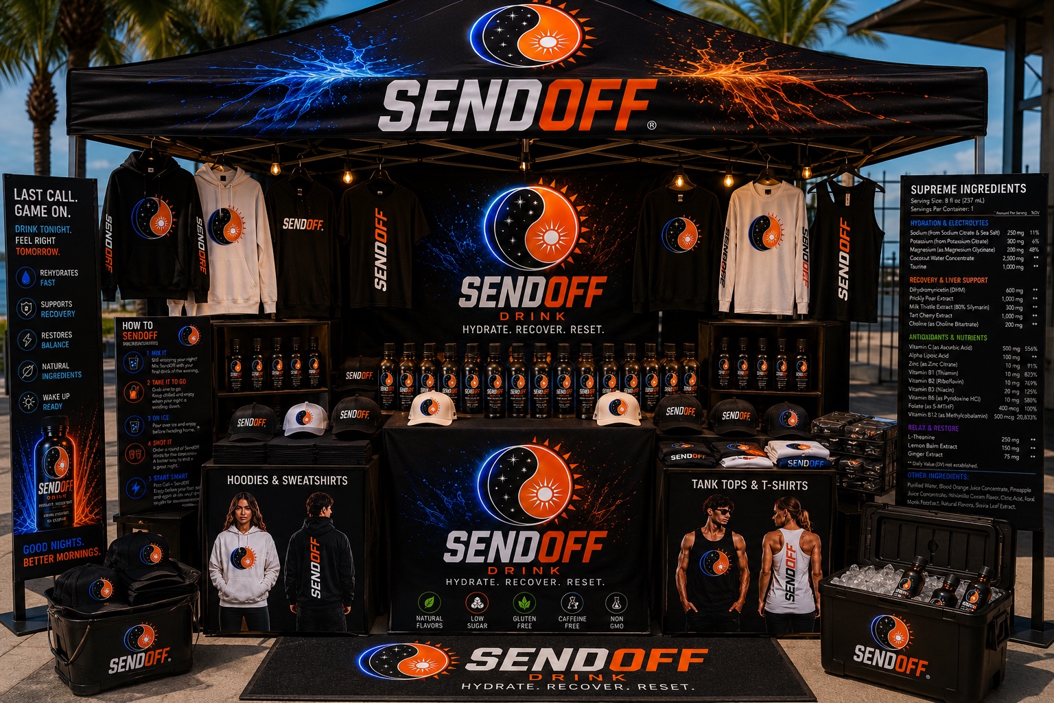 Concept rendering of a SendOff Drink event booth and merchandise display