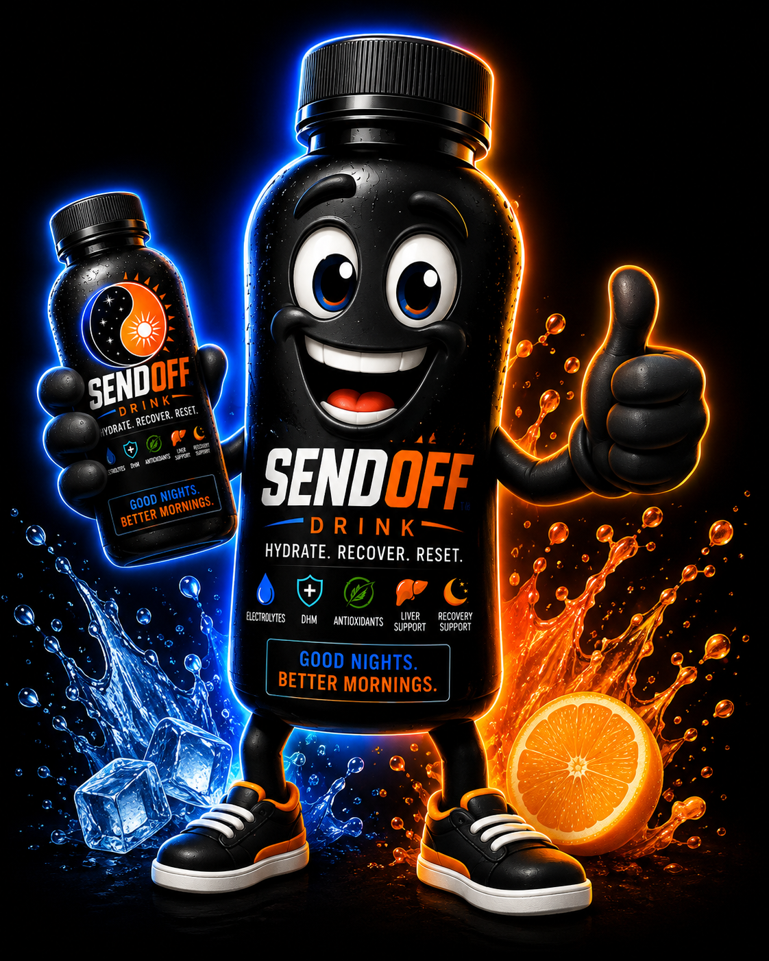 SendOff bottle mascot holding a SendOff Drink